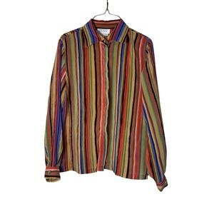 TESS Vintage 100% Silk Rainbow Multicolor Striped Button Down Shirt Size Medium